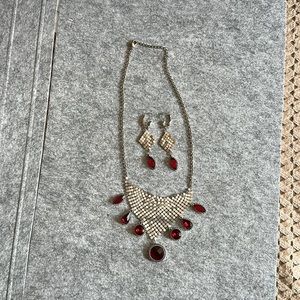 necklace with matching earrings red stone color